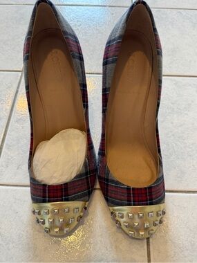 J. Crew Etta Red and Gray Plaid Studded Cap-Toe Pumps